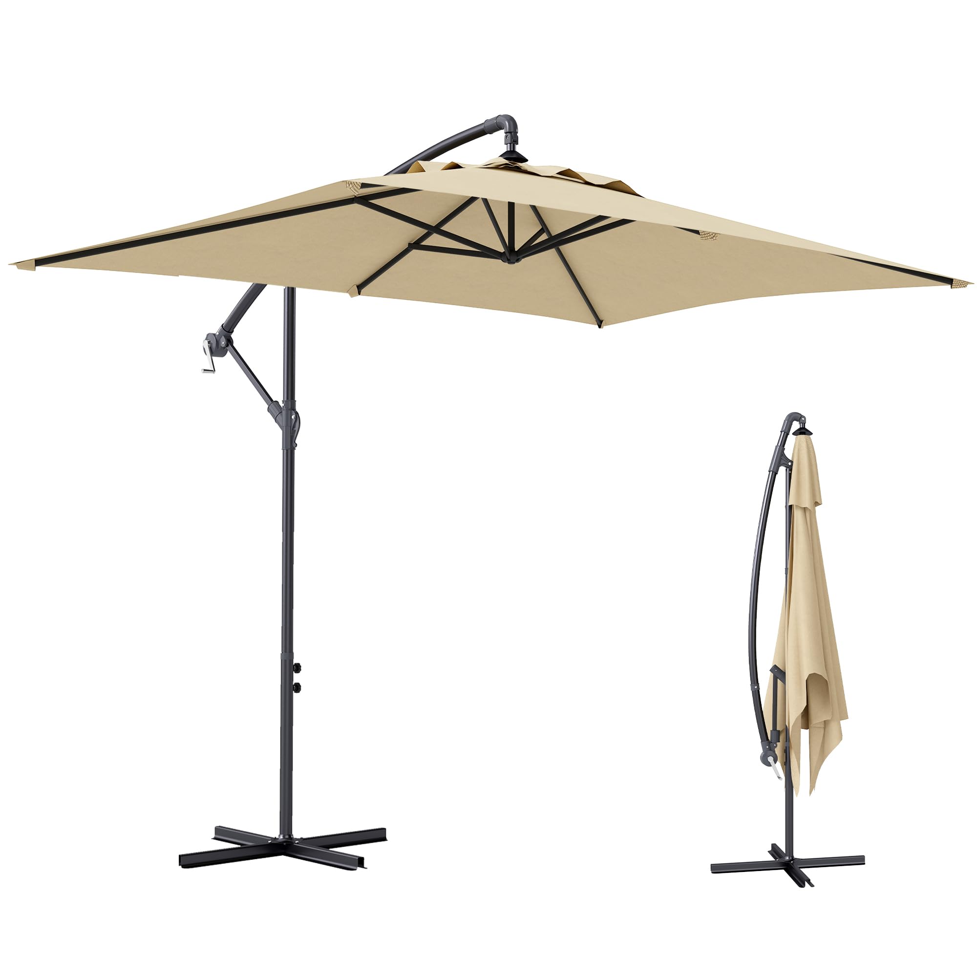 Outsunny Parasol Excéntrico 294x193 cm Sombrilla de Jardín con Base Cruzada y Manivela Impermeable Protección UV Sombrilla para Terraza Patio Beige