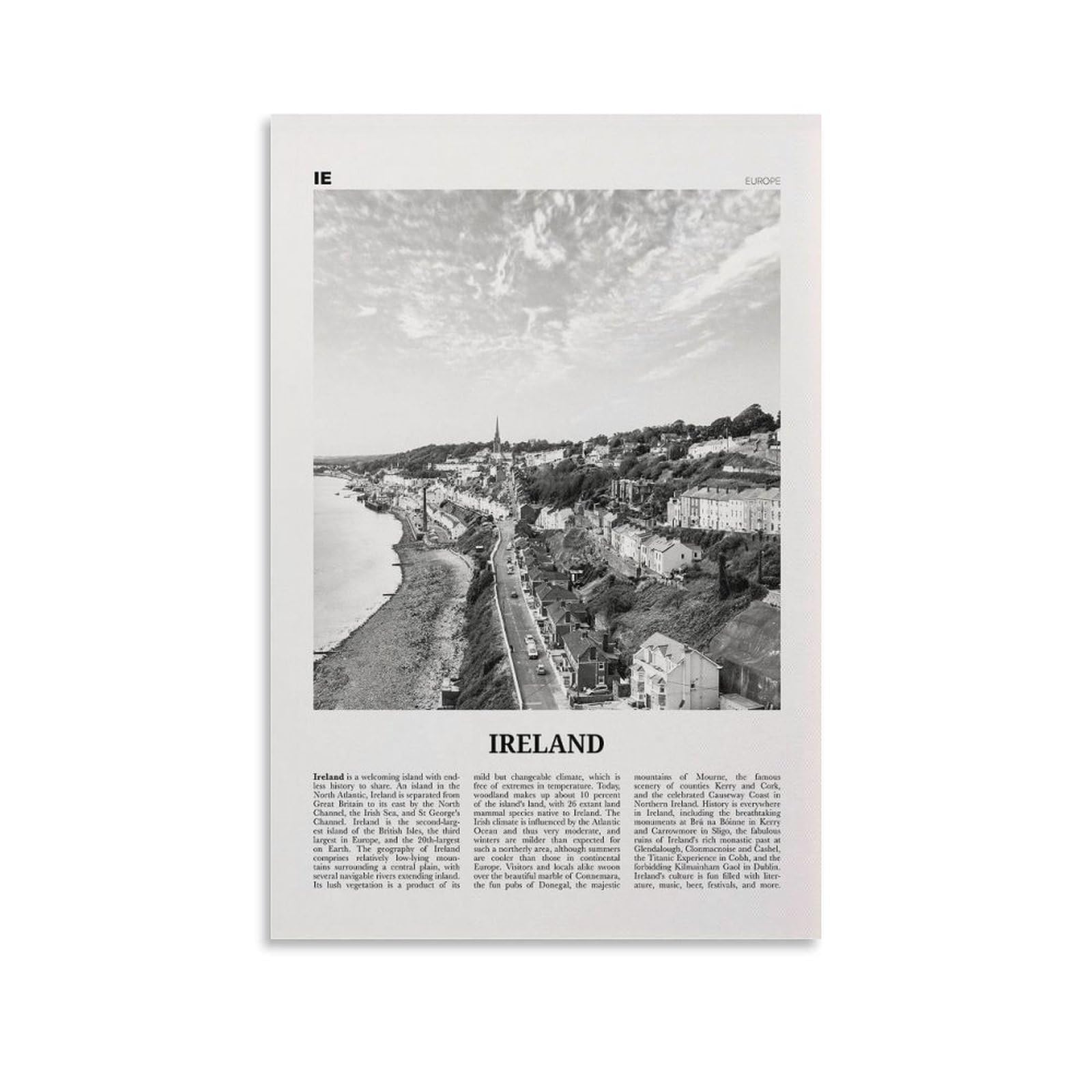LZTEN Ireland Print Black And White Town, Ireland Wall Art, Éire, Dublin Canvas Wall Art