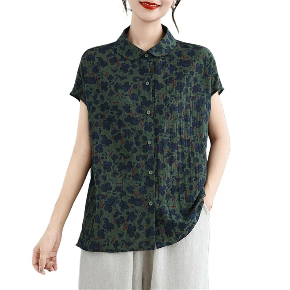 Tops Da Donna In Lino Di Cotone Ultra Sottile Con Stampa Floreale Retrò Camicia Abbottonata A Maniche Corte Con Risvolto Camicetta Comfort Estiva
