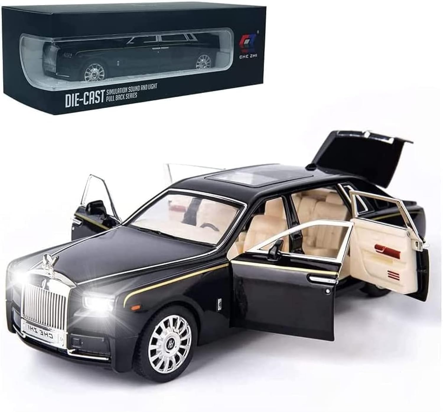 Swift 1:24 Diecast Model Car | Rolls-Royce Phantom Toy Car | Zinc Alloy Pull Back with Sound and Light | for Kids (Black)