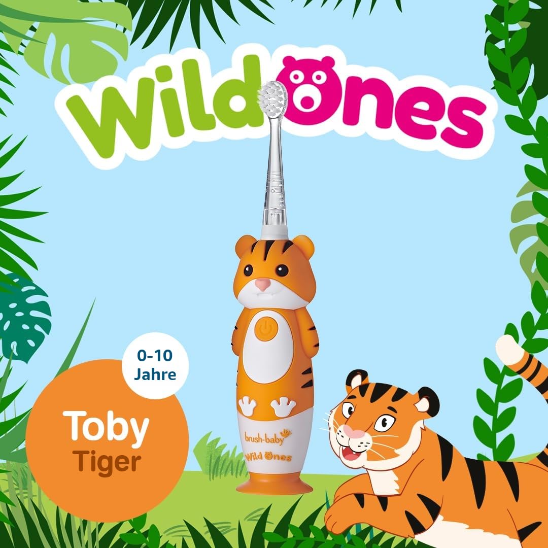 Brush-Baby – Wiederaufladbare Elektrische Kinderzahnbürste, 0–10 Jahre – WildOnes, Tiger-Design mit Blinklichtern – DeepClean-Borsten für Gründliche Reinigung – 2 Ersatzköpfe & 1 USB-Kabel