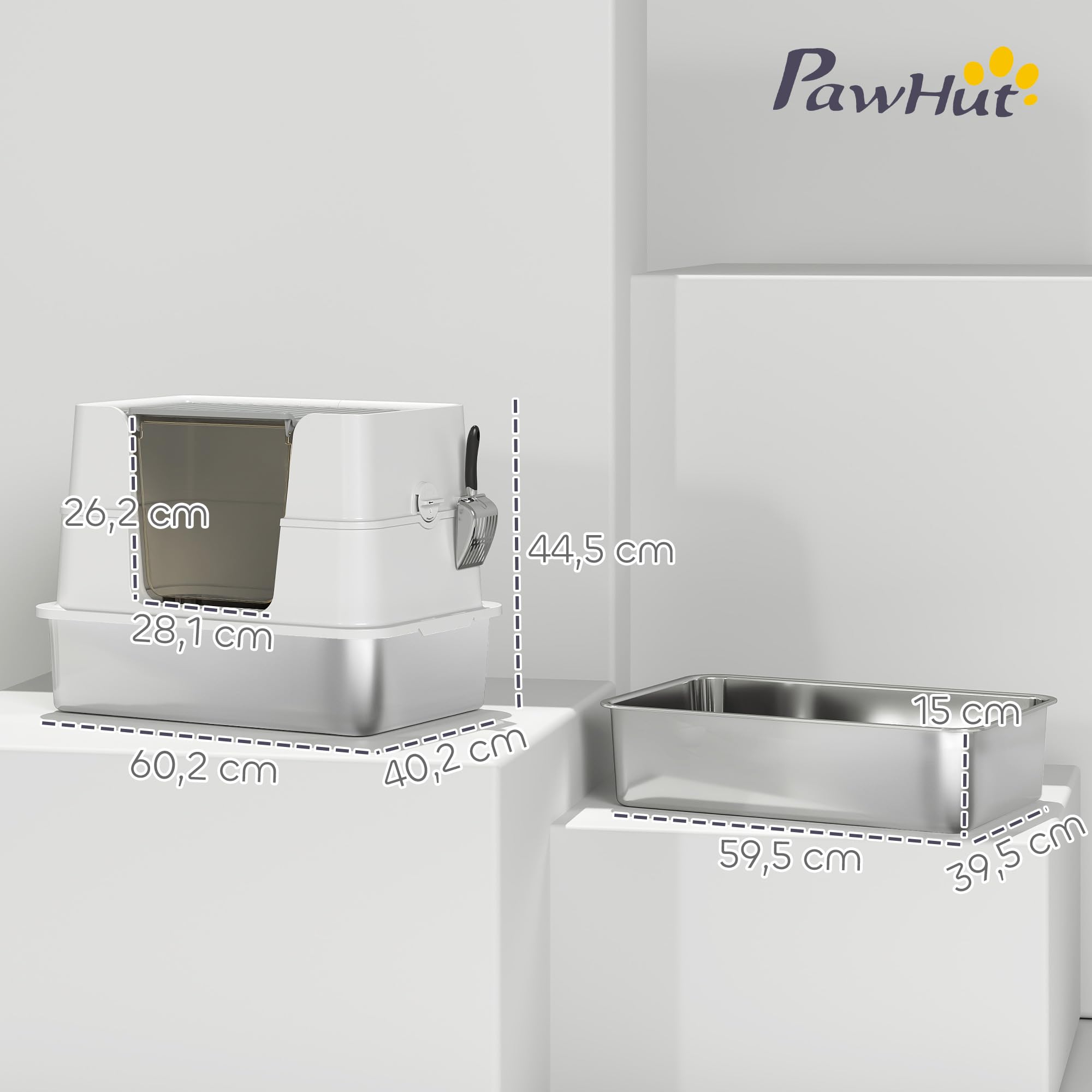 PawHut Lettiera per gatti in acciaio inox con coperchio, XL, con paletta, pedale, facile da pulire, resistente agli odori per gatti di grandi dimensioni fino a 15 kg, 60,2 x 40,2 x 44,5 cm, grigio