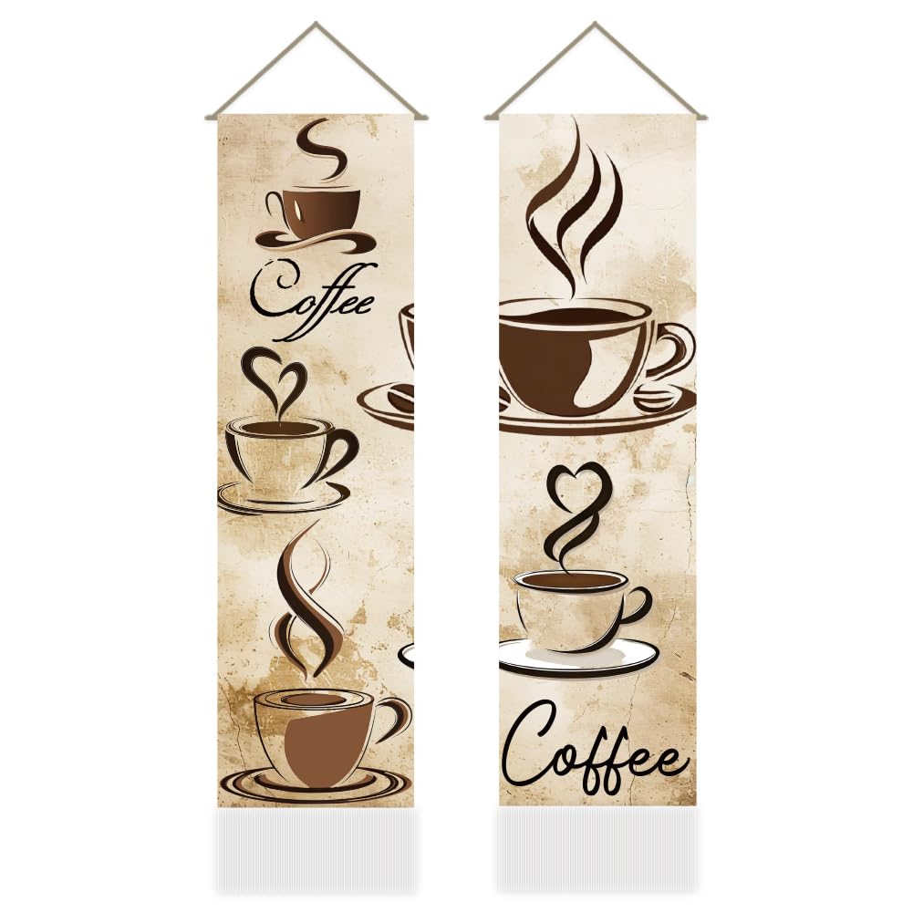 AHANDMAKER 2Pcs Coffee Tapestry Coffee Line Drawing Wall Hanging Tapestries, Retro Coffees Art Wall Decor with Tassels for Living Room Bedroom Home Office Dorm Decoration, 45.7x13 Inch