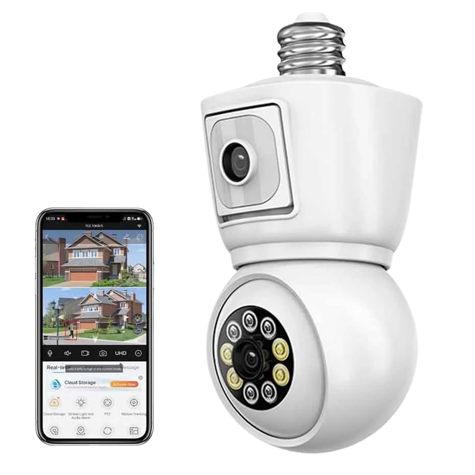 JVDDI 2MP E27 Bulb WiFi Camera Dual Lens Dual Screen Auto Tracking Two Way Audio Color Night Vision Outdoor Security Camera(4MP Add 64G)