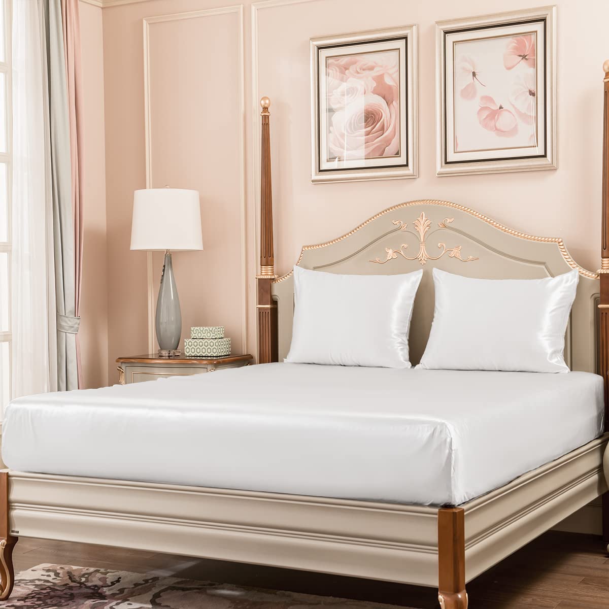 PROMEED 100 Silk White Fitted Bed Sheets Queen Set 3 Piece 23 Momme Mulberry Silk Bedding Fitted Sheet