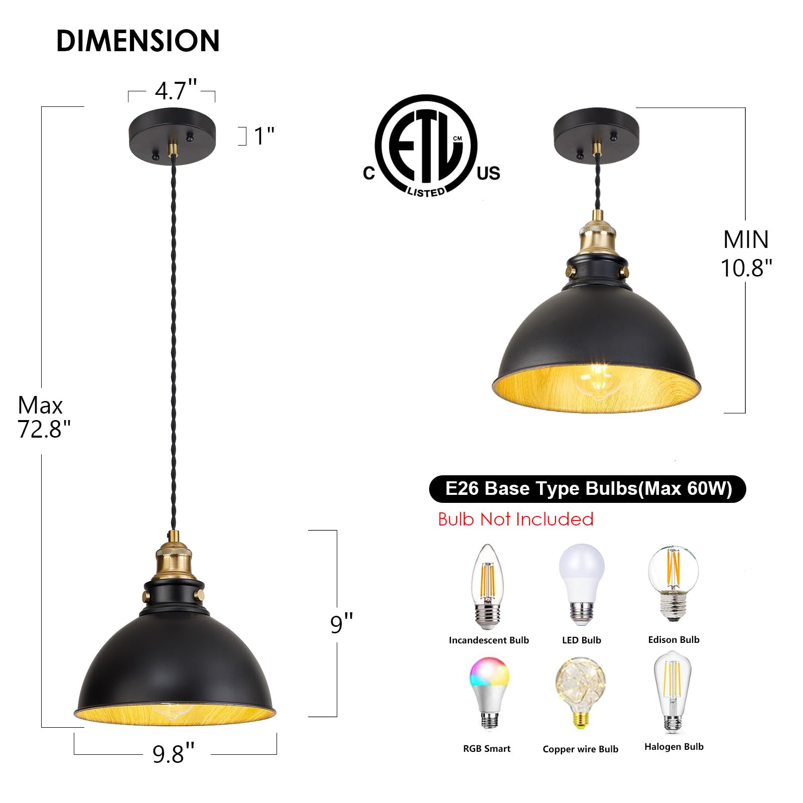 ALAISLYC Black Pendant Light with Gold Metal Wood Inside Hanging Lamp Cord Farmhouse Pendant Lights Kitchen Island for Dining Room Light Fixtures Over Sink 1 Pack