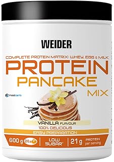 Weider Białko pancake. Smak waniliowy. Mieszanka do pieczenia z proteinami na naleśniki. 3 źródła proteiny: serwatka, jajko i białko pełne. Niewielki cukr.