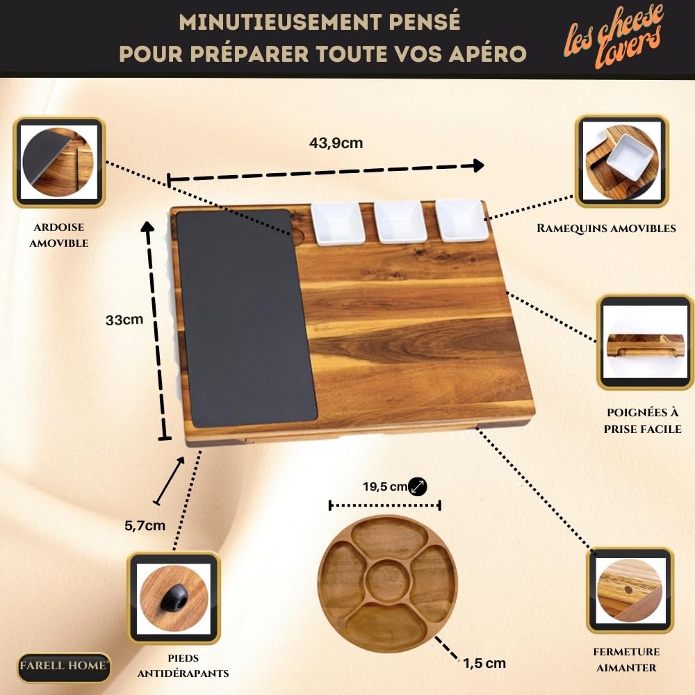 Plateau a Fromage & Charcuterie en Bois d'Acacia - Planche Complet pour l’Apéro – Couverts, Ardoise et Ramequin – Coffret Dégustation – Idée Cadeau. (Rectangulaire)