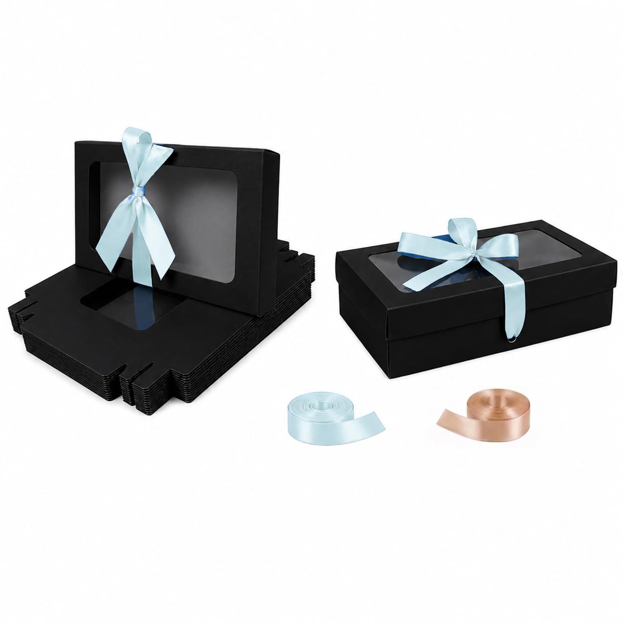Emartbuy Pack of 12 Black Gift Boxes with Clear Window Lid & Light Blue Satin Ribbon - Small 21.5 x 13.5 x 4.5 cm - Recyclable Kraft Presentation Box for Hampers, Treats, Weddings & Favours — image 1