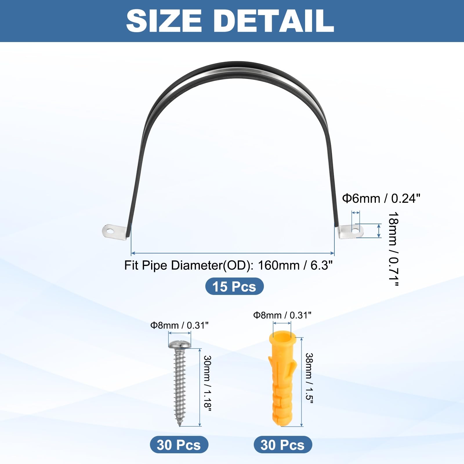 uxcell 15 morsetti per cinghie per tubi, 160 mm, in gomma, ammortizzati in gomma, staffa a U in acciaio inossidabile 304, supporto per tubi dell'acqua e HVAC