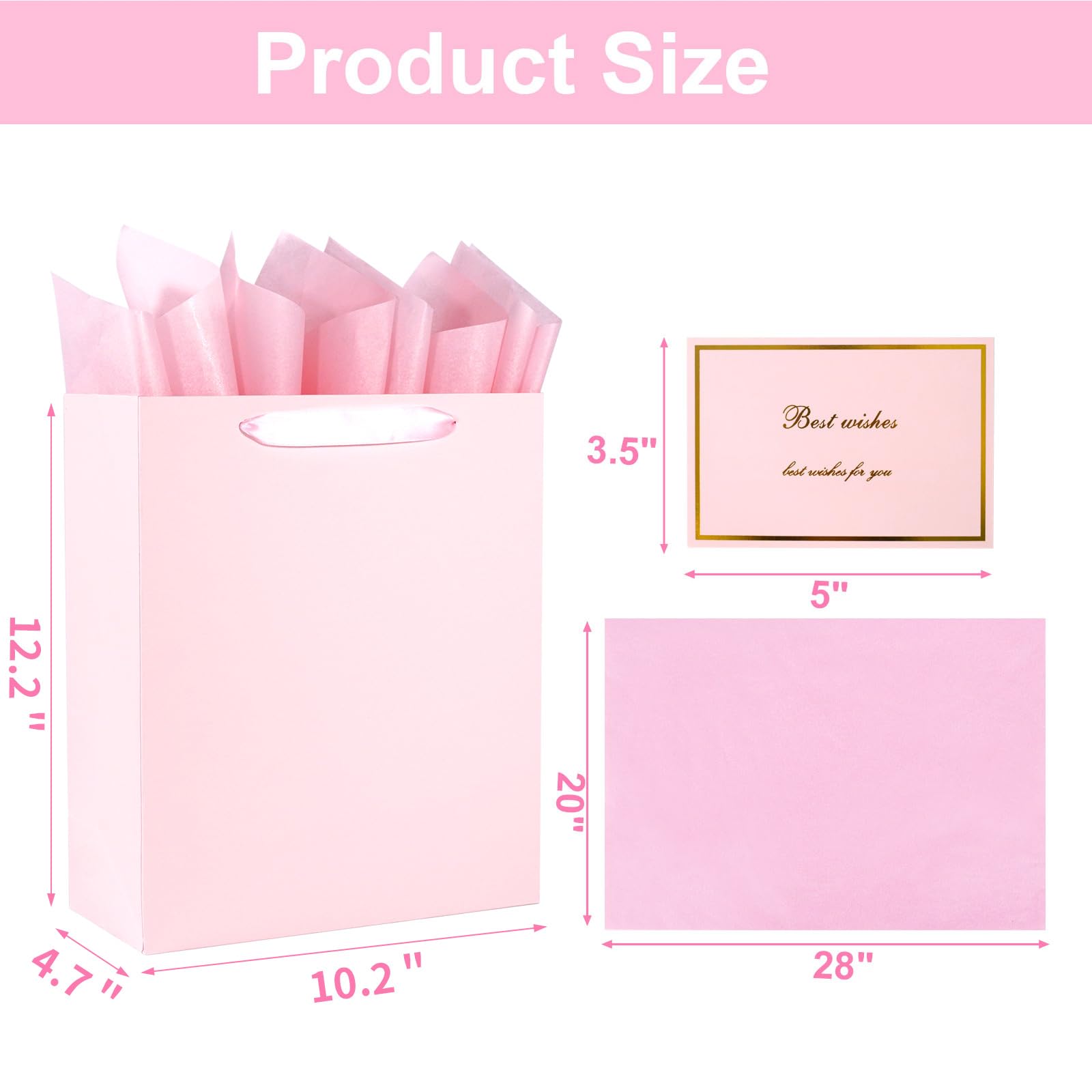 Elegant Pink Gift Bag 10.2"x4.7"x12.2" with Ribbon Handles, Includes Card and Tissue Papers, Perfect for Birthdays, Weddings, Parties, Holidays, Baby Shower