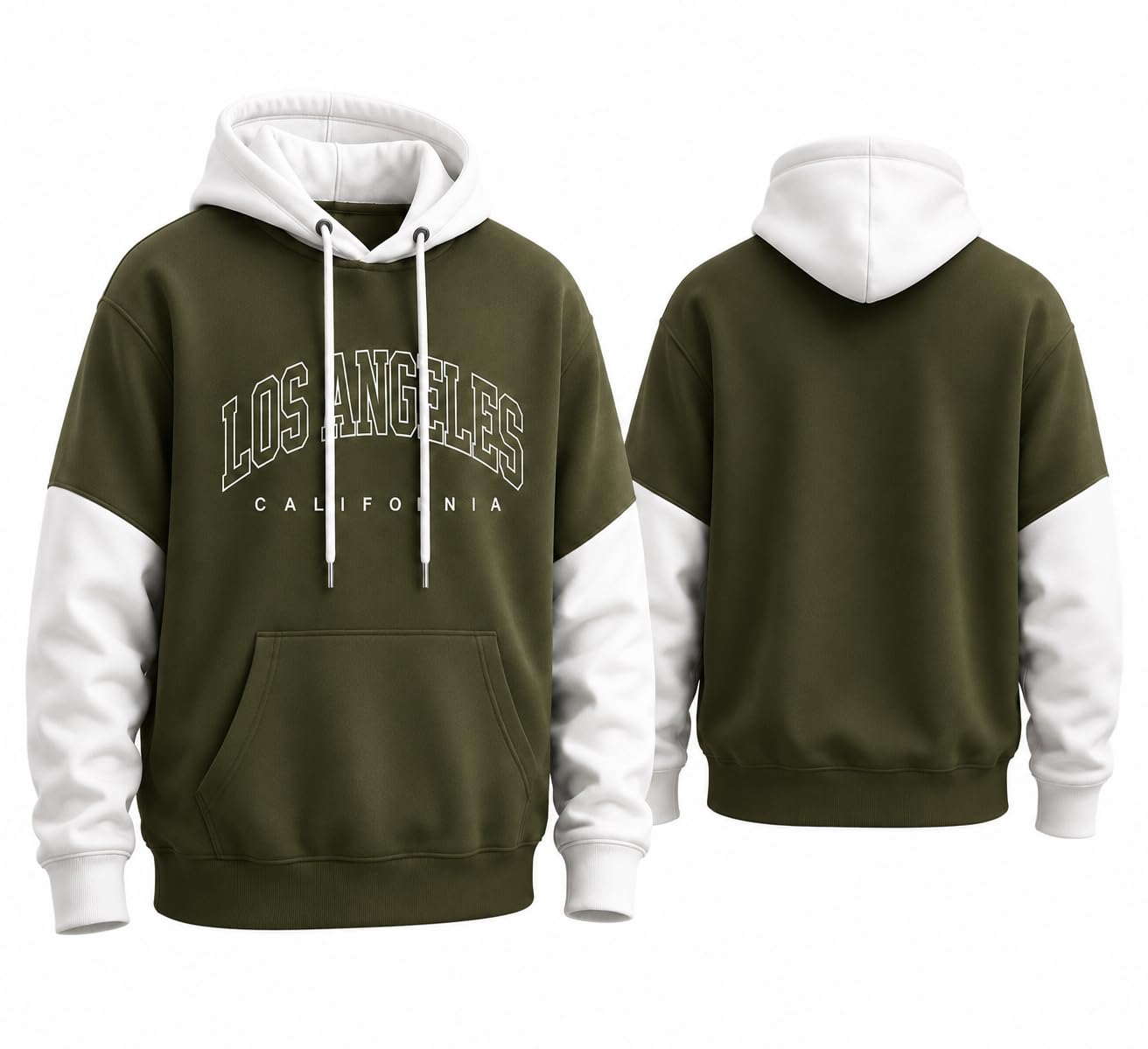 Los Angeles California Colour Block Pullover Hoodie Olive and White-image-29