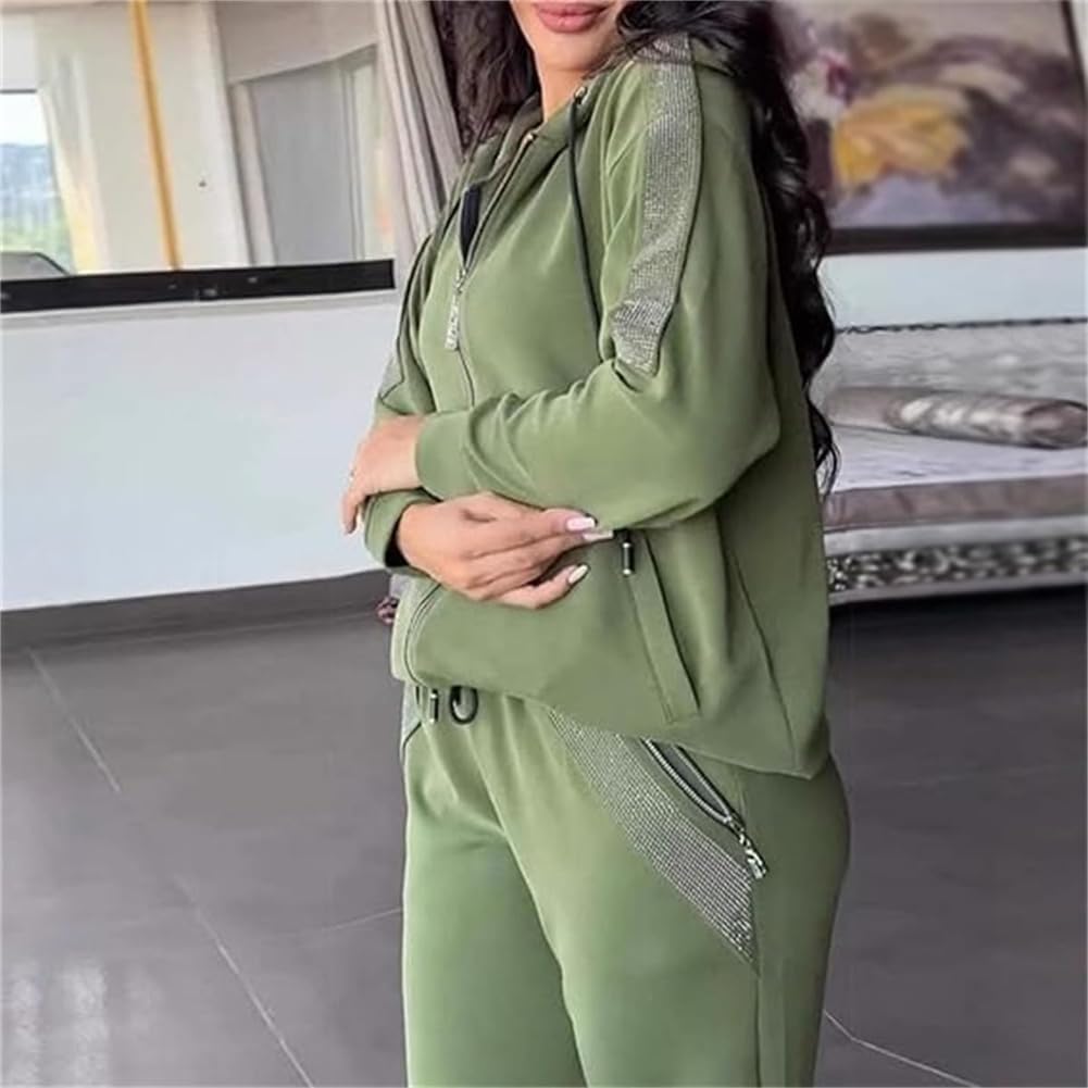 Damski cekinowy zdobiony jednolity kolor na co dzień 2-częściowy zestaw, bluza z kapturem zapinana na zamek bluza z kapturem joggery spodnie dresowe zestawy (czarny, 3XL), Czarny, 3XL