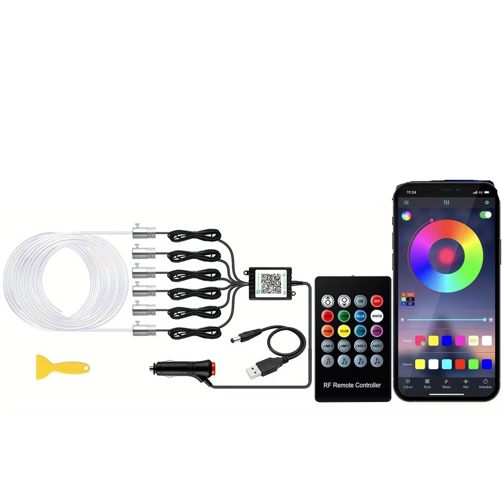 Striscia LED per Interni Dell'auto Kit di Illuminazione Ambientale 6 in 1 con App in Fibra Ottica 6M Sincronizzazione Musicale Remota Mood Decor per Cruscotto della Porta del Piede