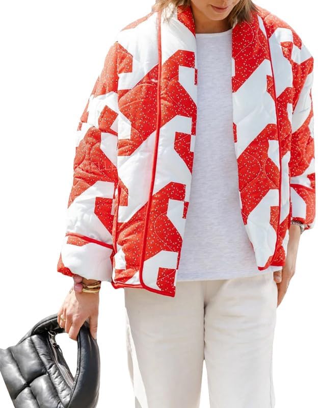 Women Floral Print Cropped Quilted Jacket Cardigan Vintage Open Front Padded Puffler Coat Lightweight Casual Outwear