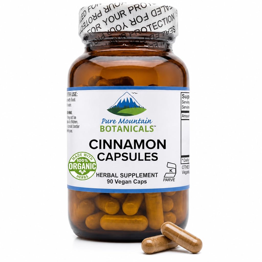 Pure Mountain Botanicals Cinnamon Capsules 1000mg - Organic Cassia Cinnamon Bark - 90 Capsules - Kosher Vegan Non-GMO Herbal Supplement