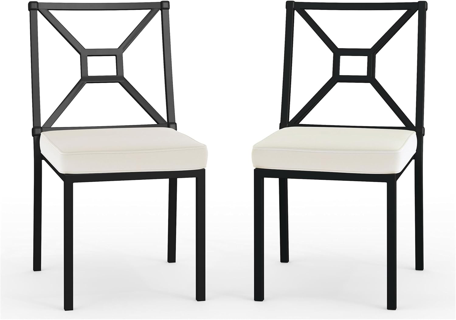 Martha Stewart Lily Pond All-Weather Stackable Patio Chairs with Elevated Backrest Design and Steel Frames in Black with Cream Cushions, Set of 2