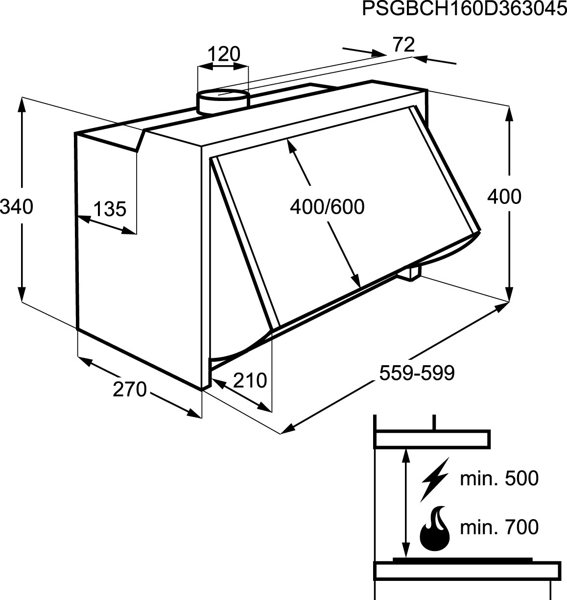 AEG DEB2631S - Campana extractora empotrable (60 cm, 266 m³/h, 62 – máx. 67 dB(A) / D
