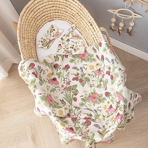 Image of BabyWhale Muslin Swaddle Blanket with Hat and Headband Bow, Floral Pattern Swaddle Set for Baby Boys & Girls, Unisex Newborn Soft Receiving Swaddle Wrap, 47x47 inches