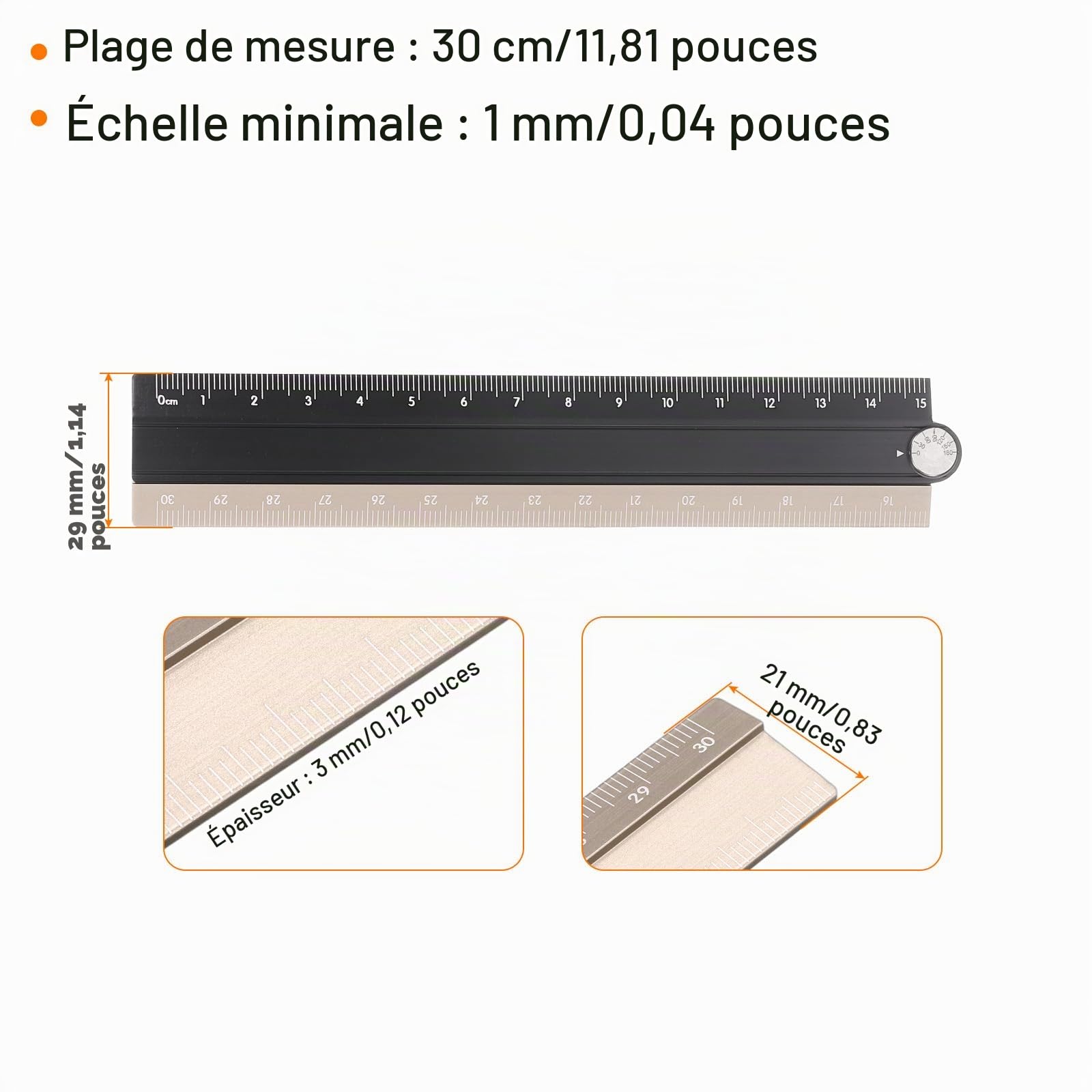 QUARKZMAN Règle Droite Pliante 30cm Métrique Alliage d'Aluminium Rapporteur Règle d'Angle Pliable Outil de Mesure Géométrique avec Ligne d'Angle, Ton Noir Or