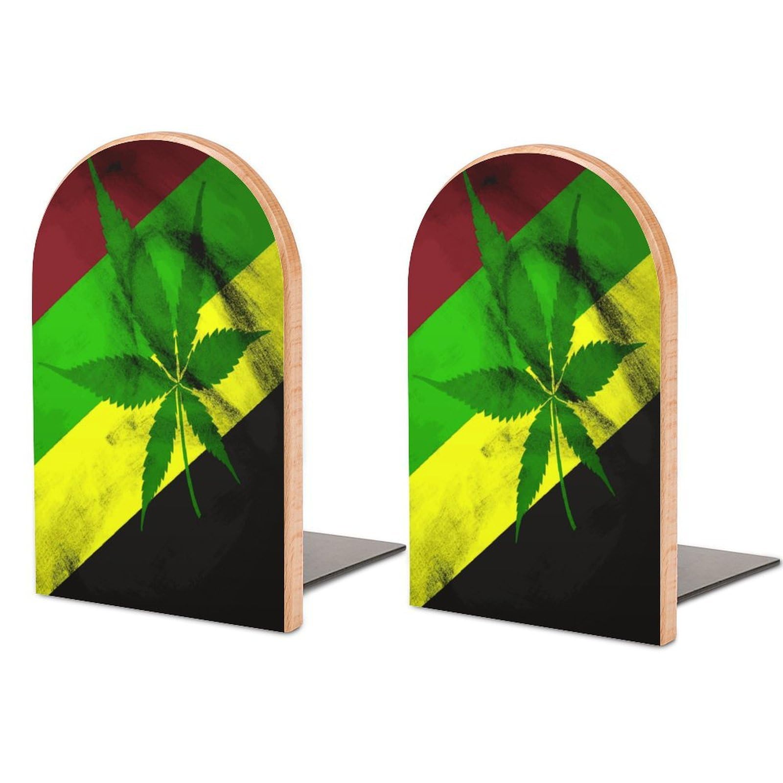 Jamaica Flag Leaves Bookends 1 Pair Heavy Duty Book Ends for Shelves Non-Skid Bookend Supports Wooden Book Holders with Metal Base Desk Organizers Books Storage to Hold Books