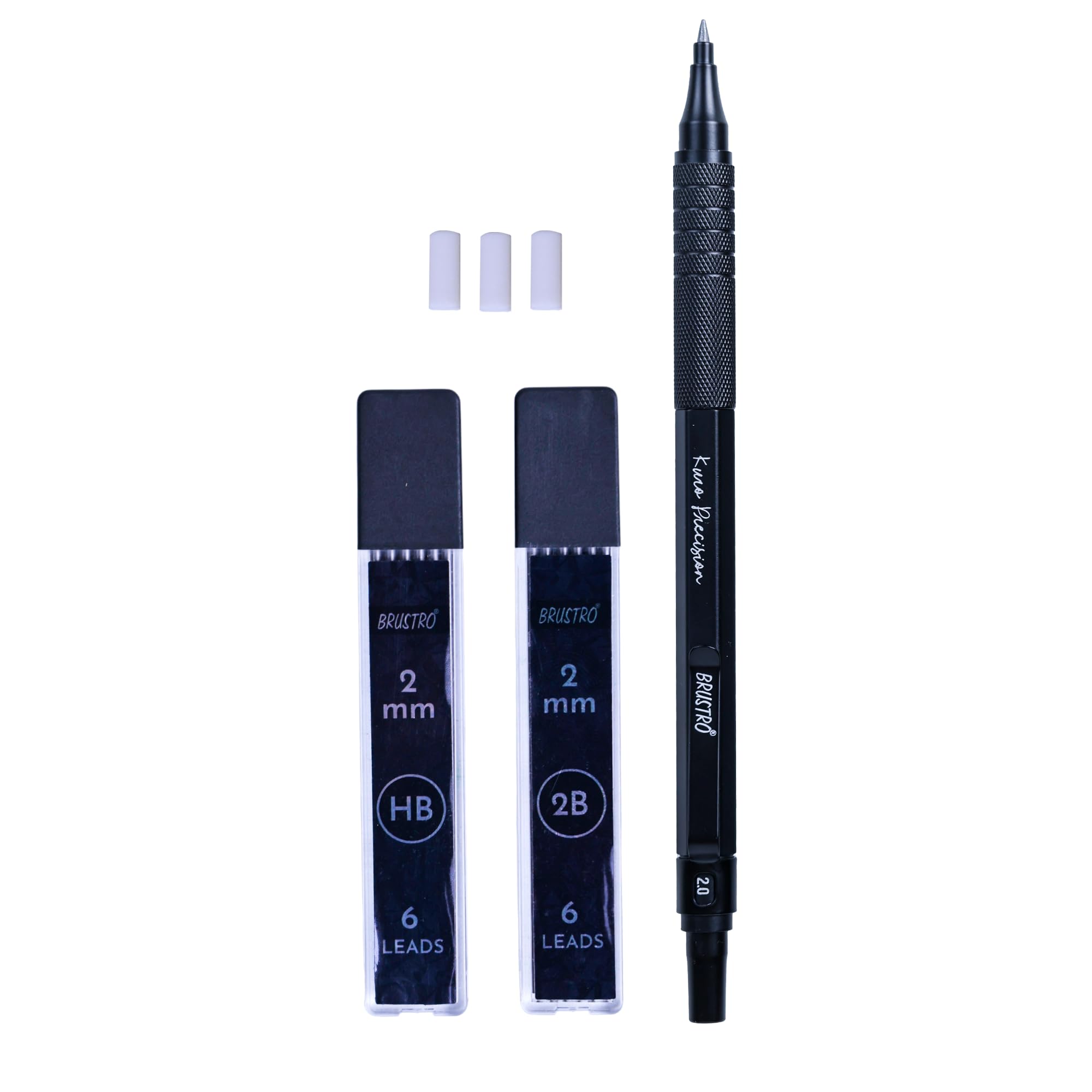 BRUSTRO Kuro Precision Mechanical Pencil |Tip Size- 2mm With 6- HB and 6-2B Leads, Built-in-Sharpener, 3 Eraser Refill|Ideal For Writing, Sketching, Drawing, Mandala Arts and Fine Art Students