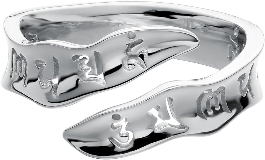 – S925 Sterling Silver Open Ring Sanskrit Mantra Om Mani Padme Hum Open Tail Rings Fine Jewelry