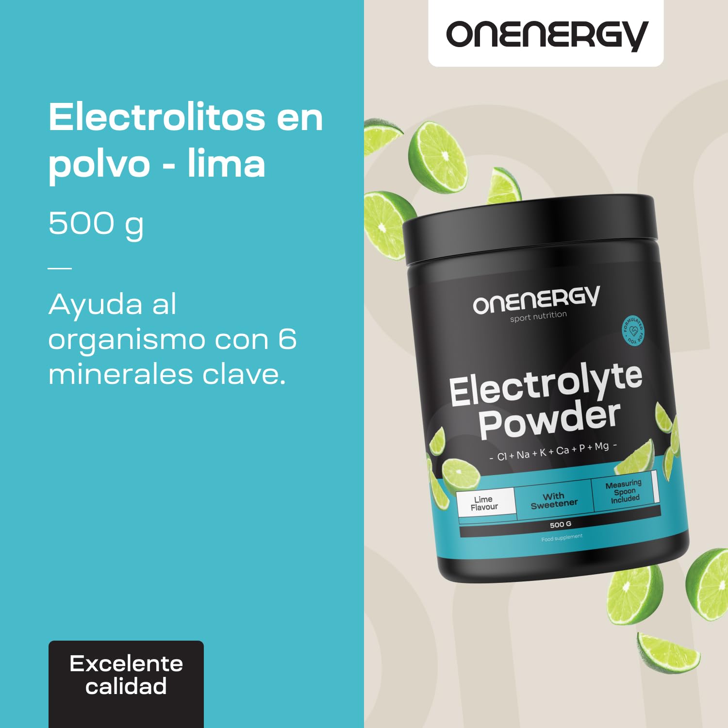 Electrolitos en polvo - Lima - 500 g - 142 dosis - Mezcla de 6 minerales - Hidratación - Apoyo muscular y nervioso - Con cuchara dosificadora - Para casi 5 meses