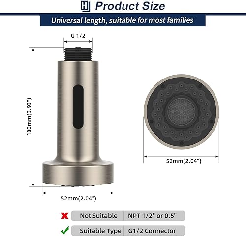Miniatura 2 de HOMELODY Reemplazo de grifo extraíble, cabezal rociador de 2 funciones, cabezal rociador extraíble G 12, acabado de níquel cepillado
