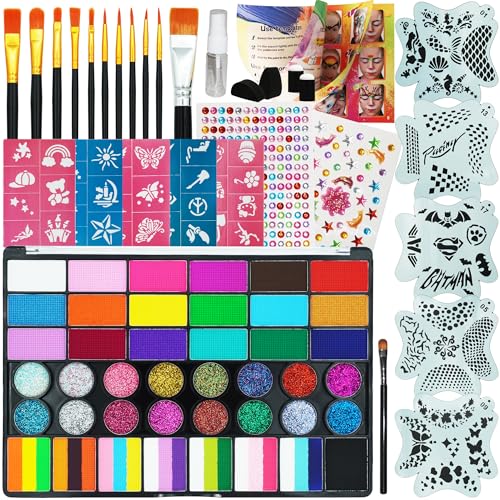 42 Color Face Painting Kit - Non-Toxic Water Activated Face & Body Paint Set with Stencils Brushes Sponges - For Halloween Carnival Birthday Parties Costume Makeup Festivals & Events