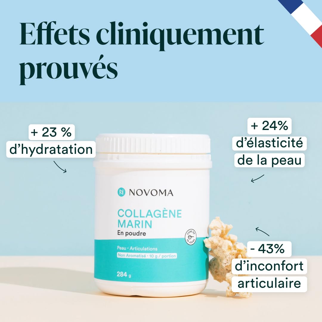 NOVOMA Collagene Marin Poudre Type 1 & 3, Peau & Articulations, 10g par Portion, Cure de 28 jours, Collagène Breveté Naticol Avec Vitamine C, Pot de 284g Sans arôme, Made in France