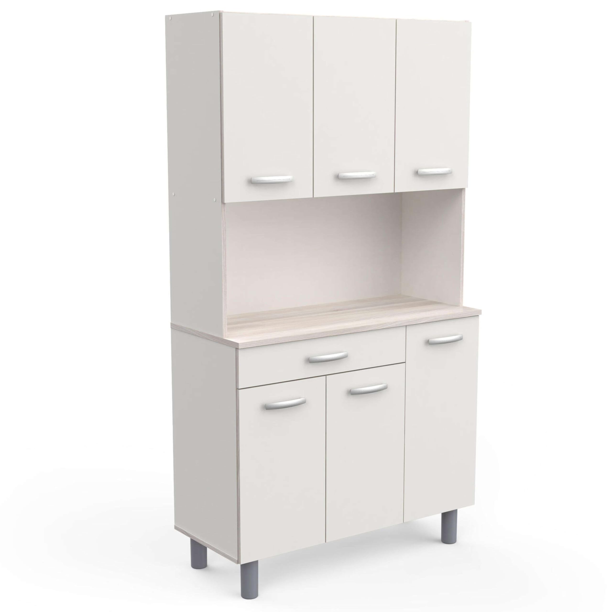 Mueble Auxiliar Cocina, Armario Cocina, Alacena Cocina Buffet 6 Puertas Blanco y Roble Acacia 101x185 cm