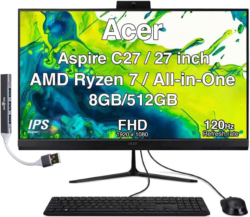 Acer Aspire C27 All-in-One Desktop, 27" IPS FHD, Ryzen 7 5825U | 8GB DDR5, SSD PCIe 512GB, tastiera e mouse wireless, Wi-Fi 6E, Bluetooth 5.3, webcam, Windows 11 Home /w Hub USB