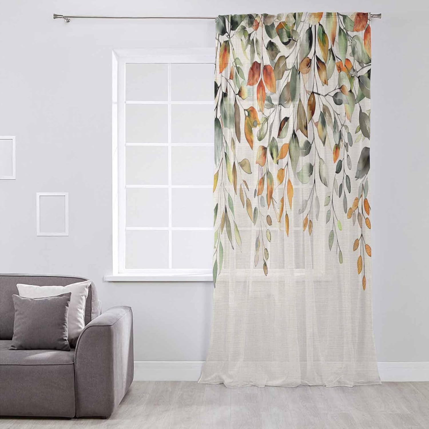 Fall Thanksgiving Eucalyptus Window Curtain 96 Inches Long,Farmhouse Sage Green Orange Semi Sheer Rod Pocket Chiffon Curtain & Drapes Voile Draperies Living Room Bedroom Kitchen Window Treatment