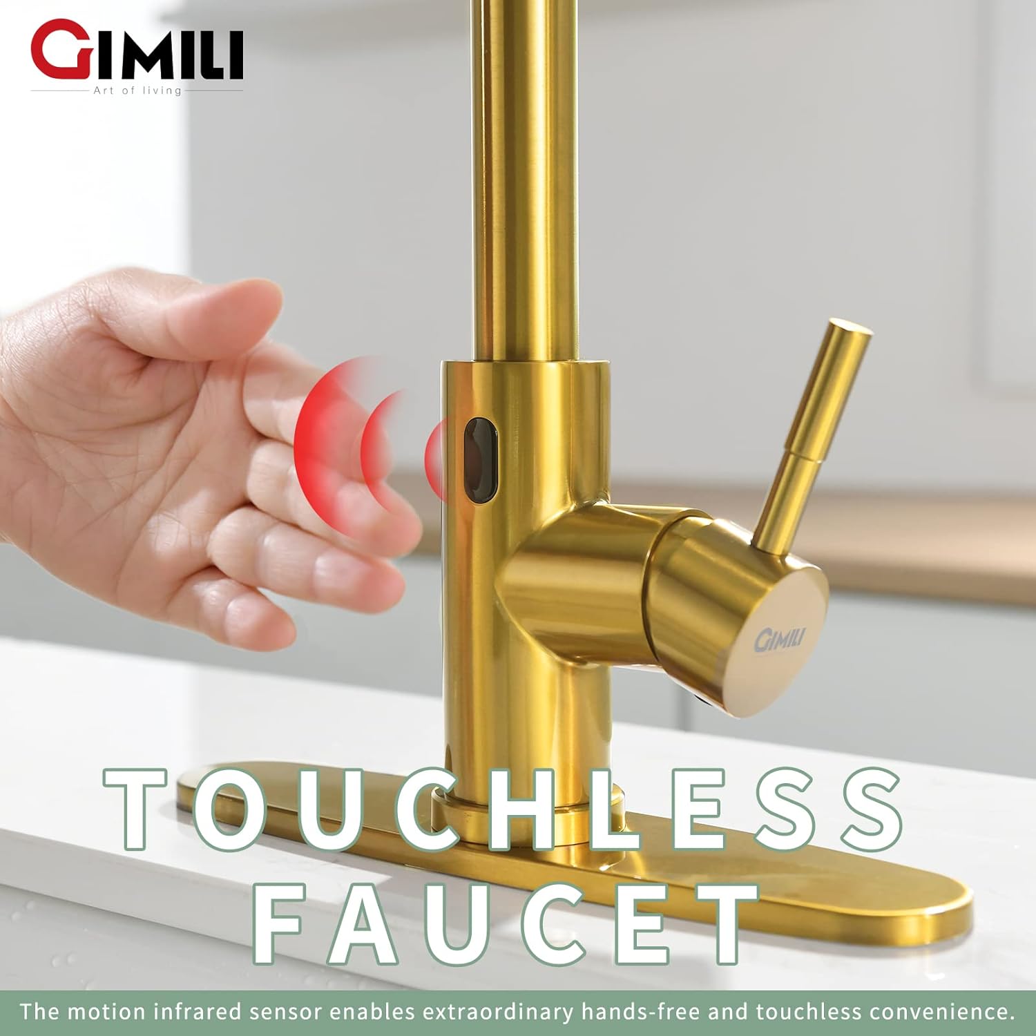 Gold Touchless Kitchen Faucet with Pull Down Sprayer, GIMILI Motion Sensor Smart Hands-Free Activated Single Hole Spring Faucet for Kitchen Sink - - 
