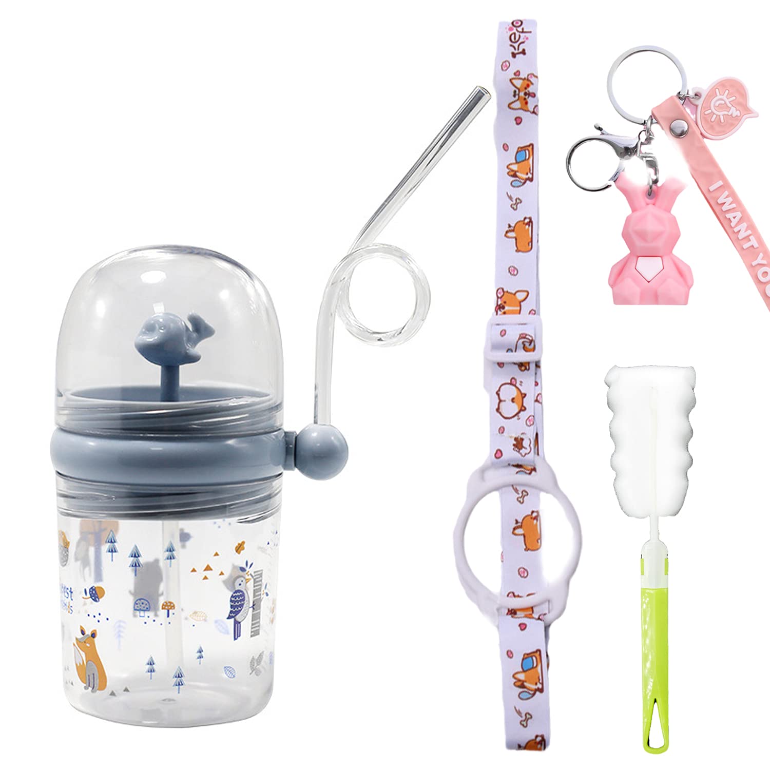 Whale Spray Water Bottle Sippy Cups Travel Cup with Straw Birthday Party Gift Pink Flamingo Drinking Cup (Grey Birds 3, 260 ml)