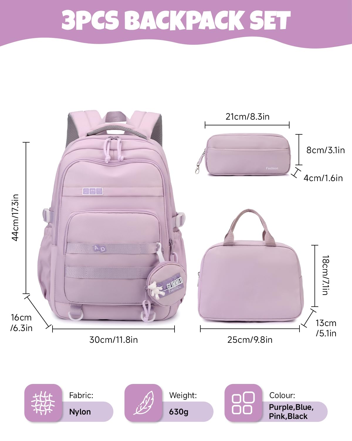 Amythe Zaino Ragazza per Scuola Elementare e Media - Set Zaino Scuola 3 Pezzi per Bambina con Borza Pranzo e Astuccio - Zaini da viaggio Leggero per Bambini 9-16 Anni -Viola