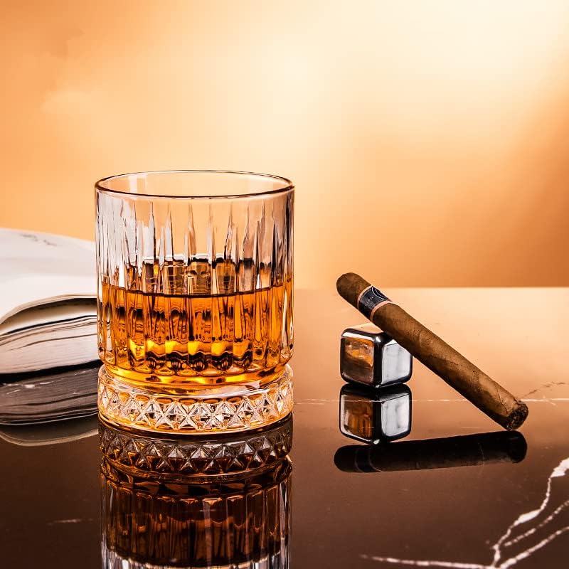 Image of Premium Crystal Whiskey Glass Set of 2, 300 ml Cut Glass Design, Heavy Base Tumbler for Bourbon, Scotch & Cocktails (2, Dark Line)