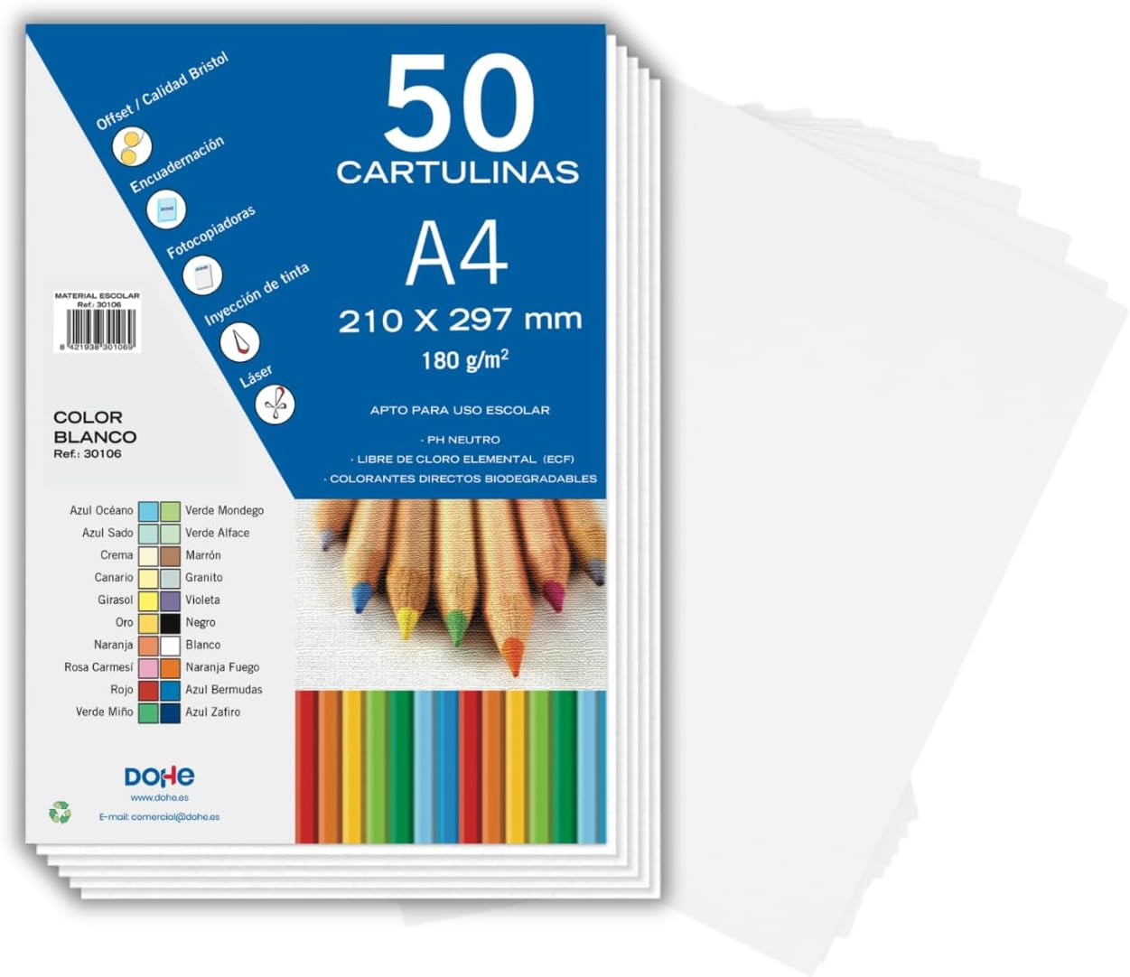 Dohe - A4 White Card (50 pcs.) - Size 21 x 29.7 cm, Thickness 180 g/m², Crafts, Printing and School Supplies