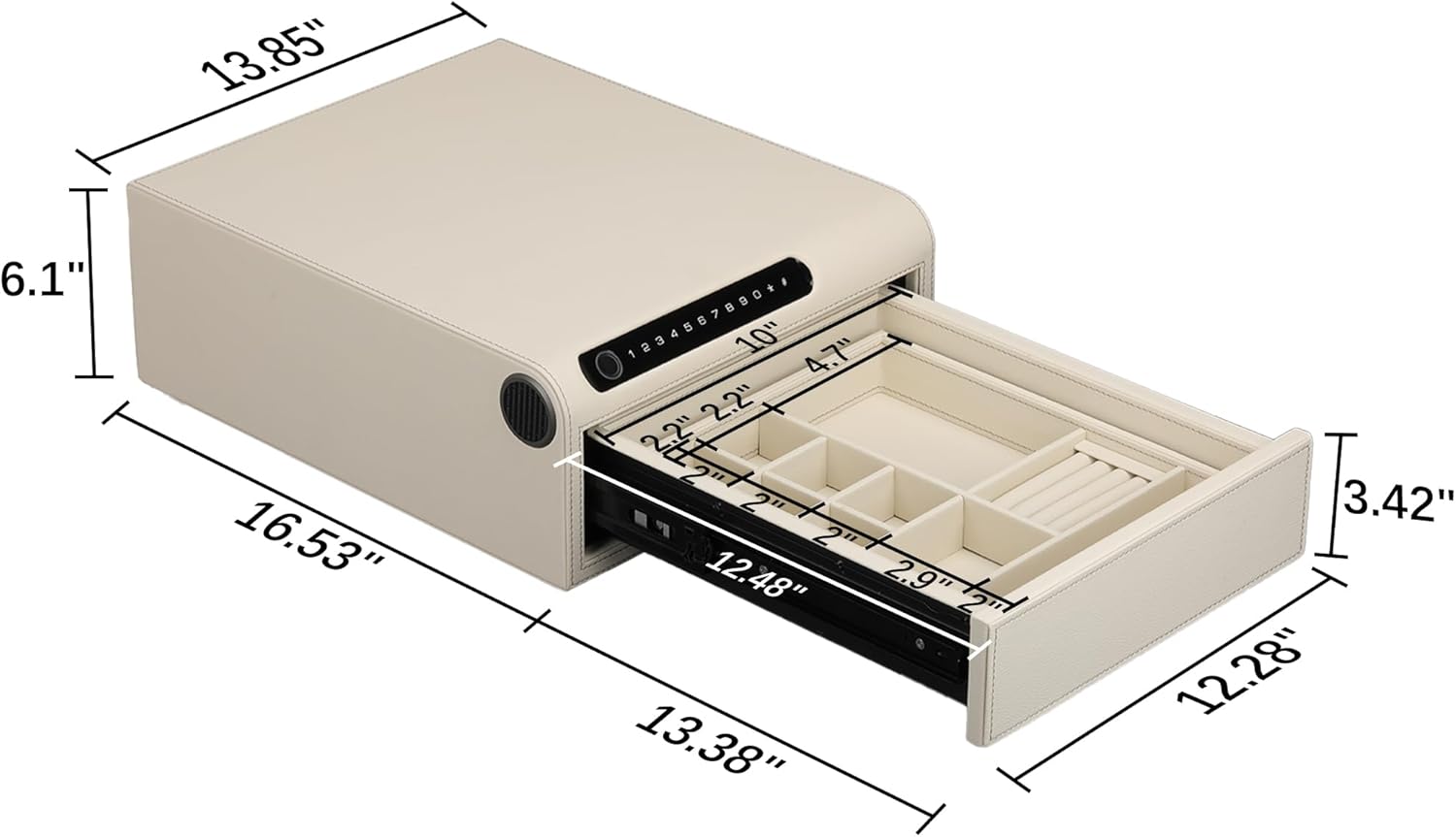 Jewelry Safe with Drawers，Biometric Fingerprint safe, Slide-Away Handgun Safe for Pistols, Leather Wrapped Jewelry Storage Safe, Digital Keypad & Quick-Access Drawer (White- 1 Drawer)