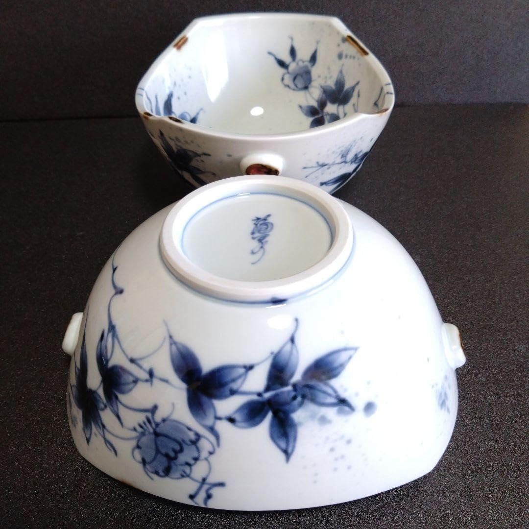 有田焼 福泉窯 染付草花紋 耳付変形鉢2個 新生活 テーブル