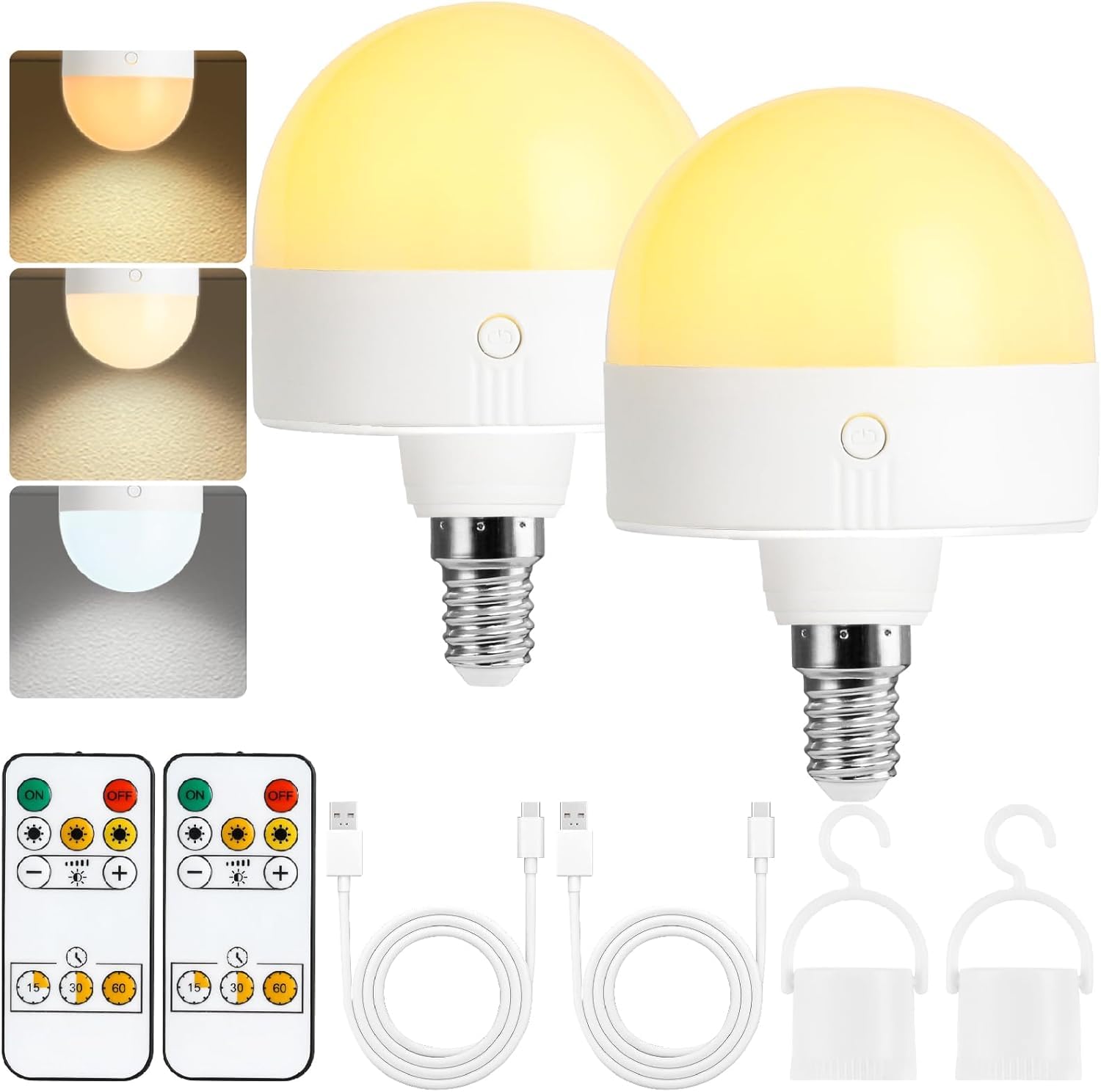 2 Pack Rechargeable E14 LED Bulbs, Magnetic Detachable Battery Light Bulb with Remote Timer, 3 Color Dimmable for Indoor & Camping Use