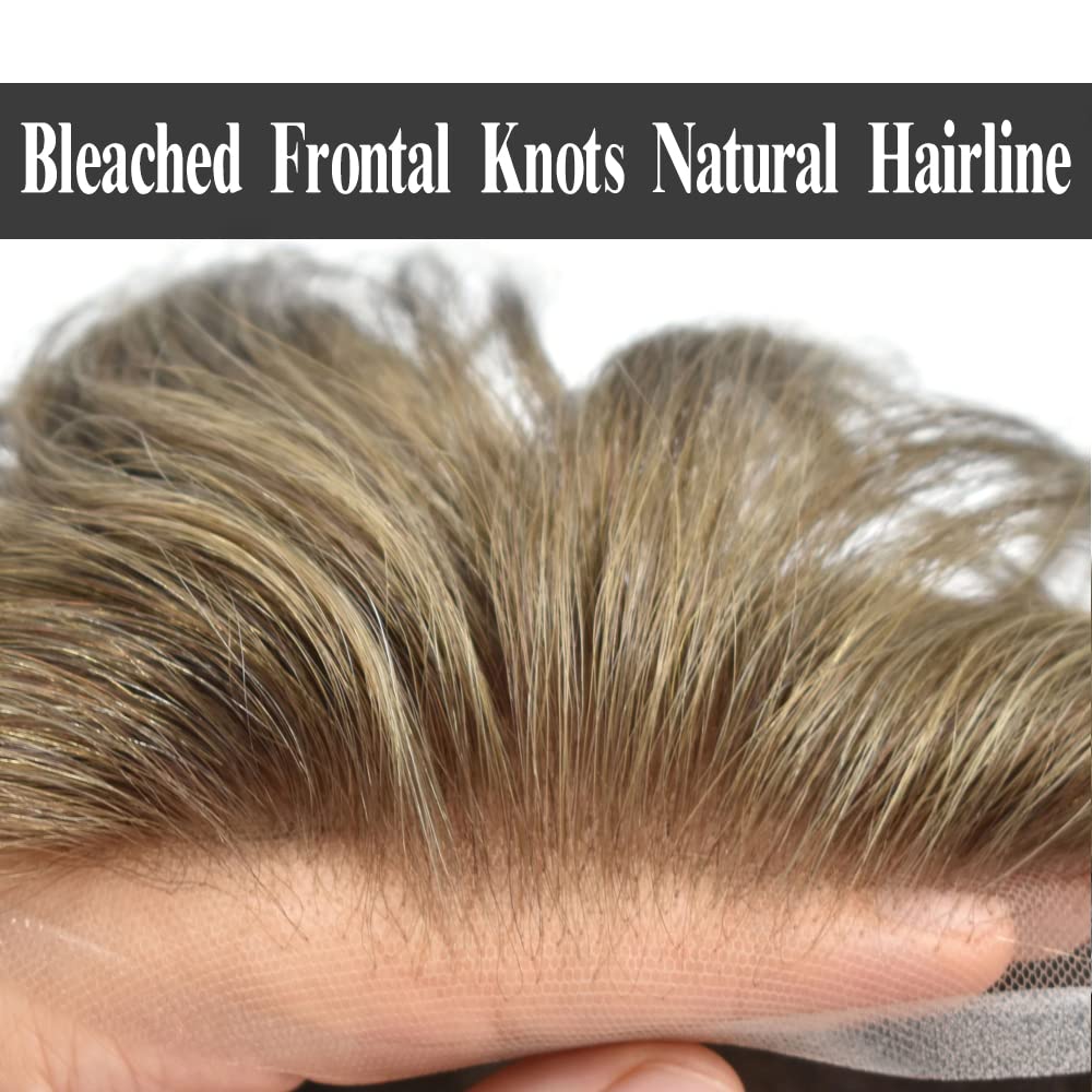 Toupee for Men Hair System Full French Lace Hairpiece for Men Breathable Full Lace Mens Toupee Real Human Hair Natural Hairline 6X8-120% density #18 Medium Blonde