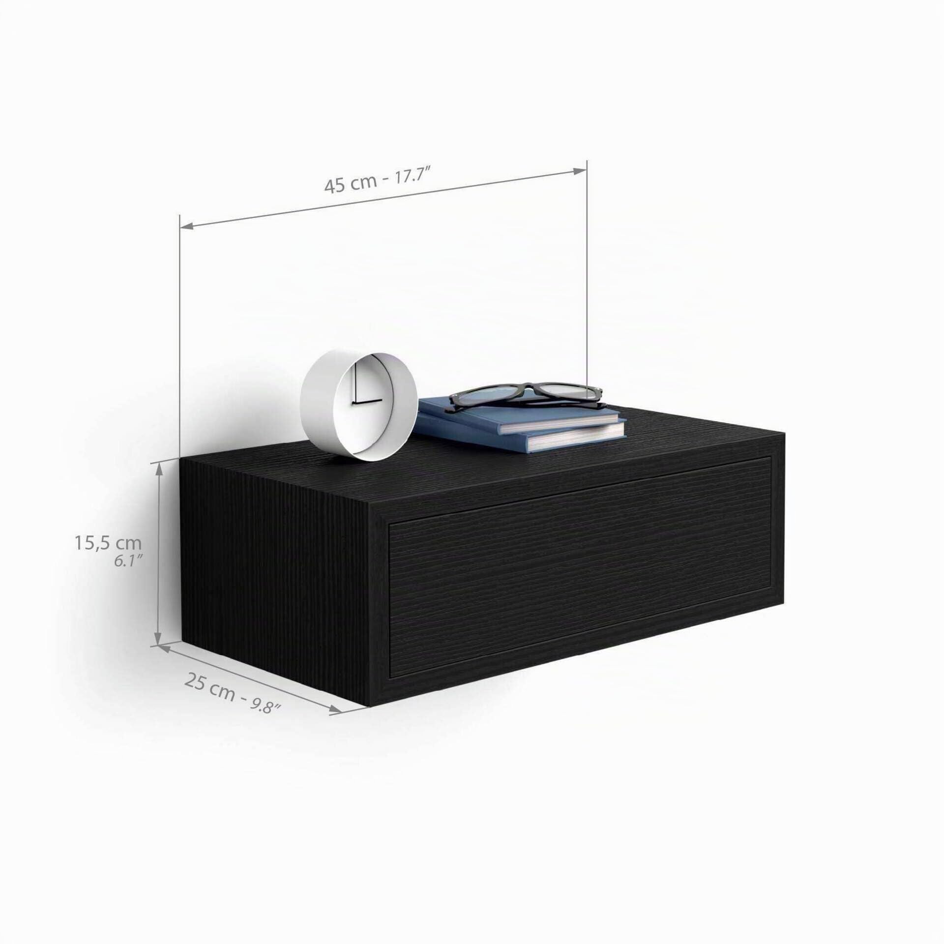 Mobili Fiver, Comodino sospeso Riccardo, Nero Frassino, Nobilitato, 45 cmx25 cmx15.5 cm, Comodino moderno per Soggiorno e camera, Made in Italy