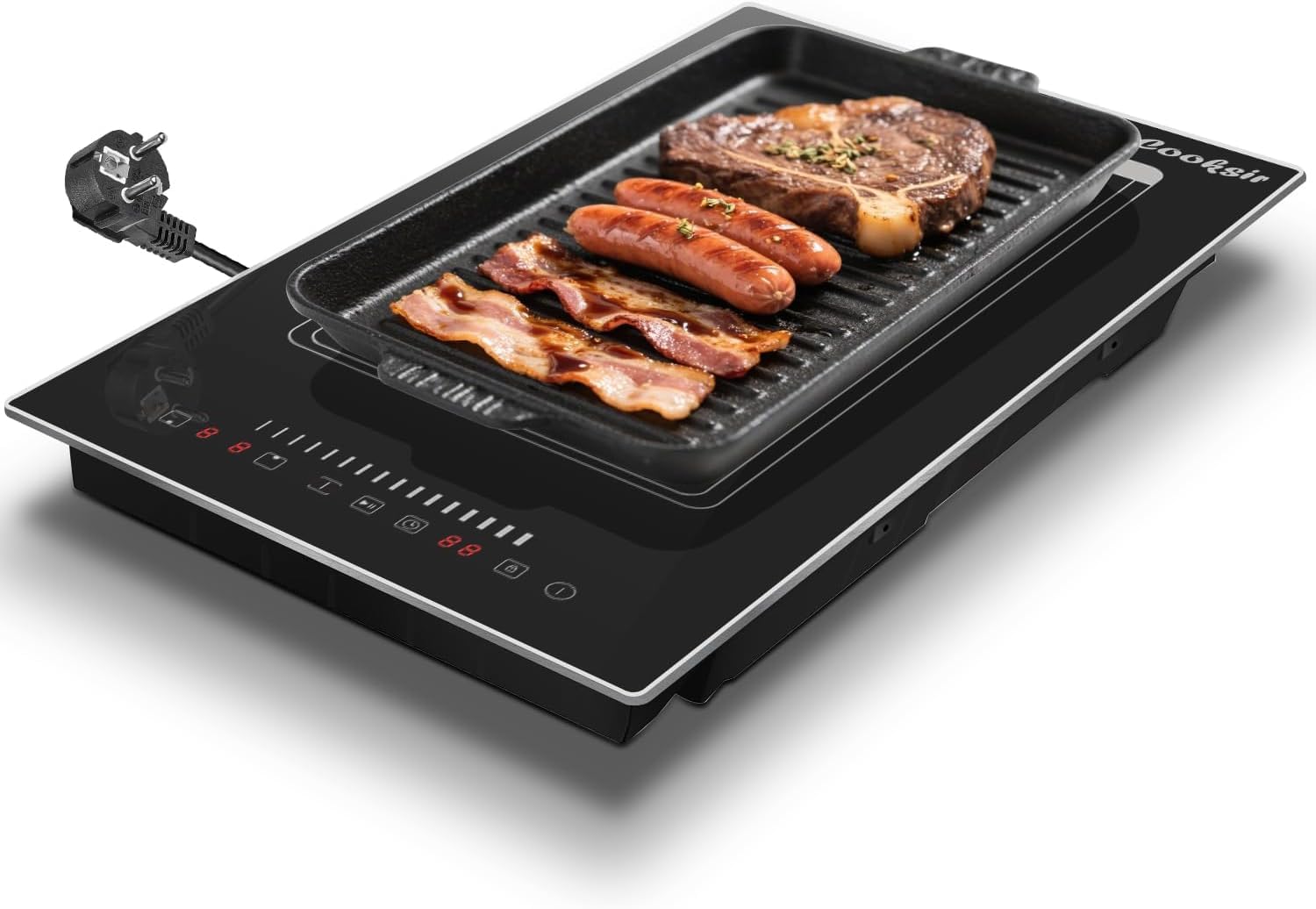 Plaque à Induction 2 Feux avec Prise, Plaque de Cuisson Encastrable 30CM avec Cadre Métallique, 3500W, Zone Combinée pour Barbecue, Curseur Tactile, Verrouillage de Sécurité, Minuterie, 220V