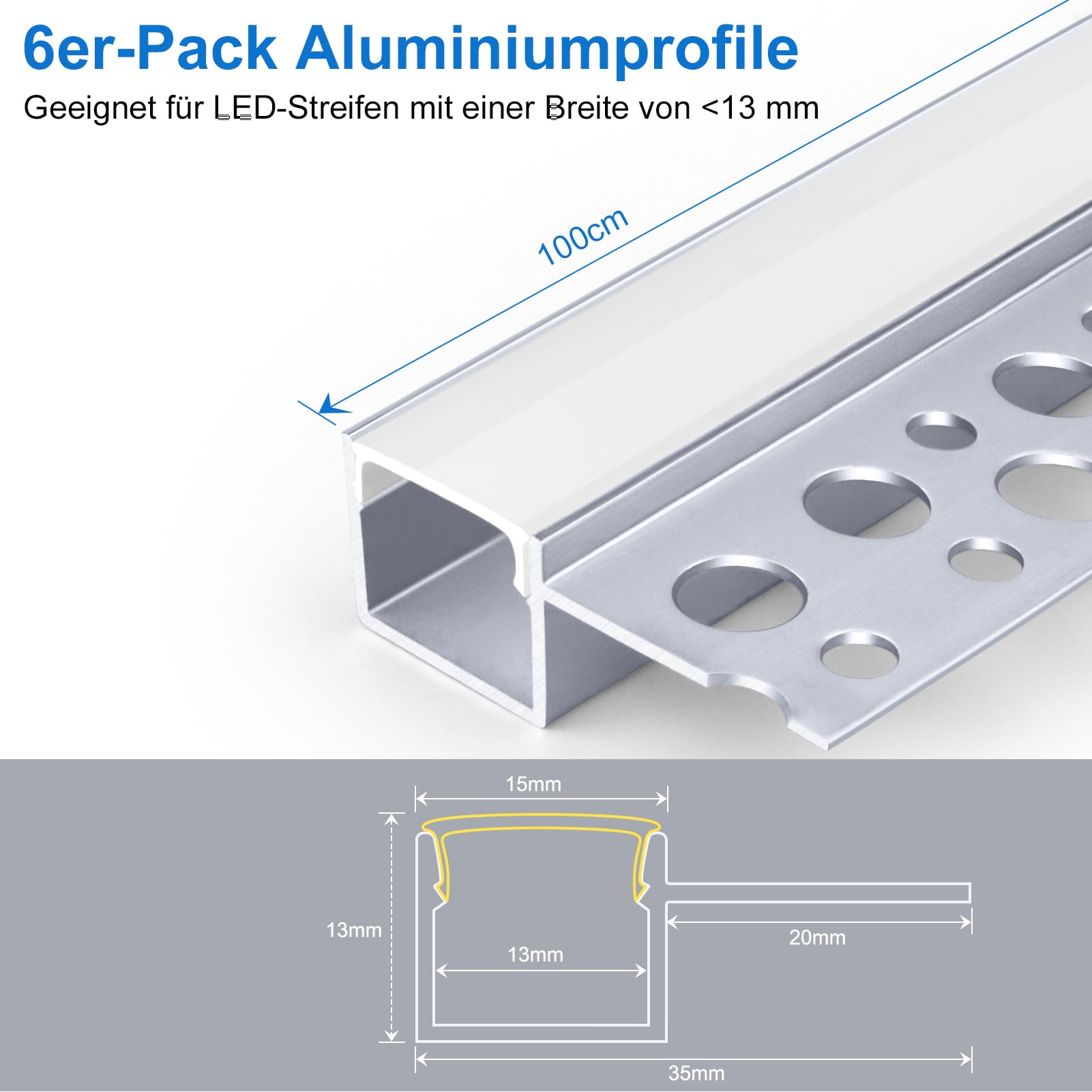 LED Trockenbauprofil für 13mm LED Streifen, 10x1M 291 rahmenloser eingelassener Aluminiumkanal, LED Leiste Kanal with Weißer Diffusor, LED Aluminium Profil für Wand und Decke ndirekte Beleuchtung