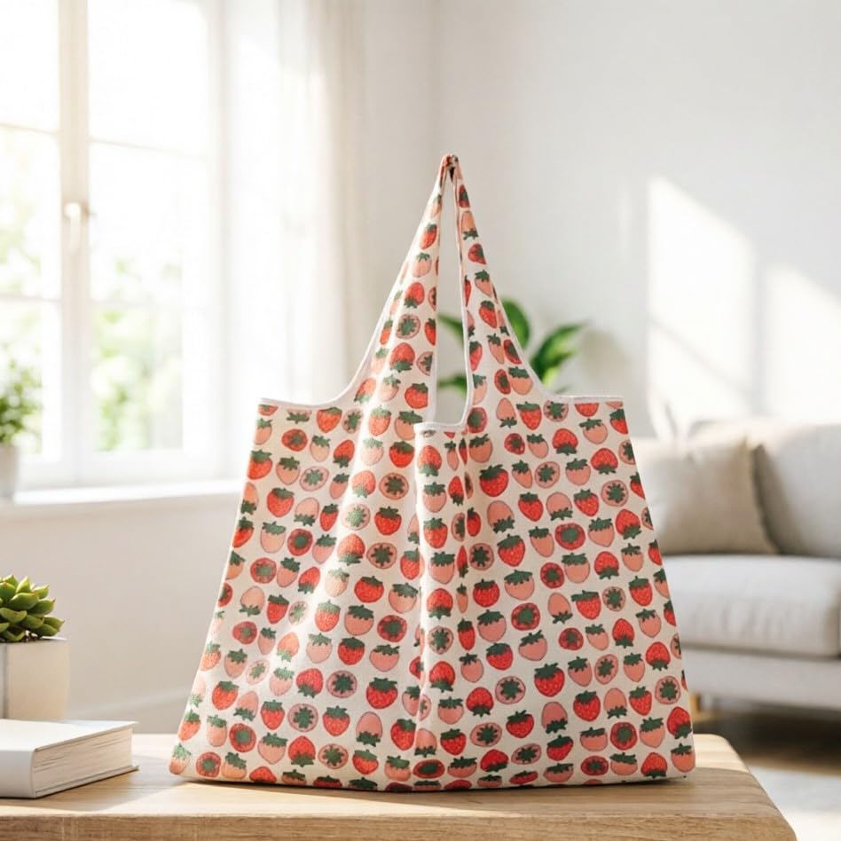 Bolsa feminina de grande capacidade, bolsa de compras reutilizável, leve e dobrável ao ar livre, Padrão de morango, Large