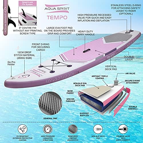 AQUA SPIRIT Inflatable Stand up Paddle Board SUP TEMPO Package | 106 x 32 x 6 | Adult Beginners/Experts | 120KG Limit | Paddle, Backpack, Pump, Go Pro Mount, Change Mat, Phone Case