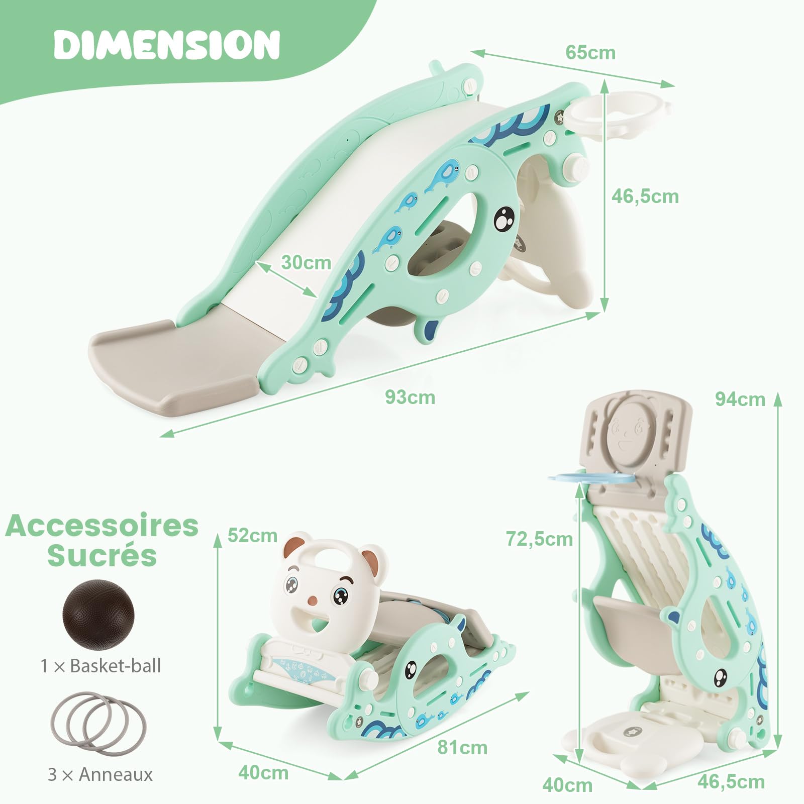COSTWAY 4 en 1 Toboggan Enfants avec 3 Modes & Motif d'ours, Cheval à Bascule Intérieur Extérieur avec Panier de Basketball & Ballon, Charge 50kg pour Enfants de 3 Ans+, 93x65x46,5cm
