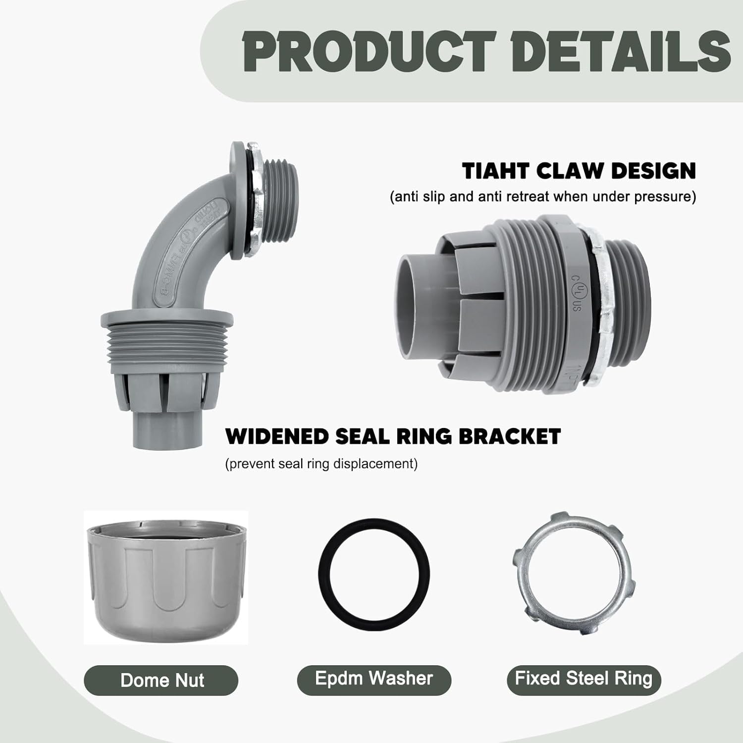 4 Pack 1-1/4 Inch Liquid Tight Connectors - PVC Electrical Conduit Fittings, Straight, 90 and 180 Degree Non-Metallic Flexible Connectors for Home, Bathroom, and Kitchen, Gray